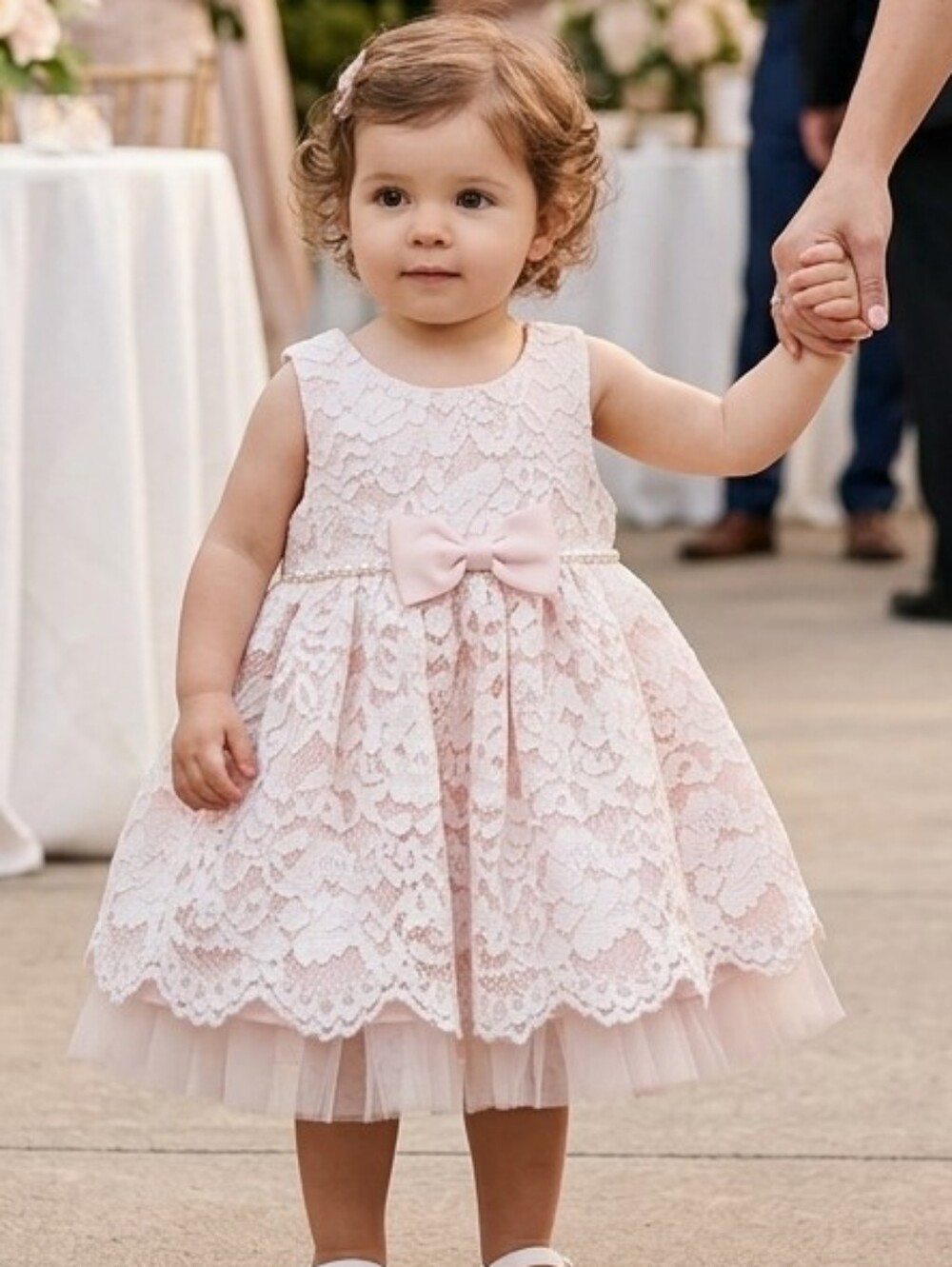 American Princess Pale Pink Lace Pearl-Trim Dress, S-18mons, EPreLC